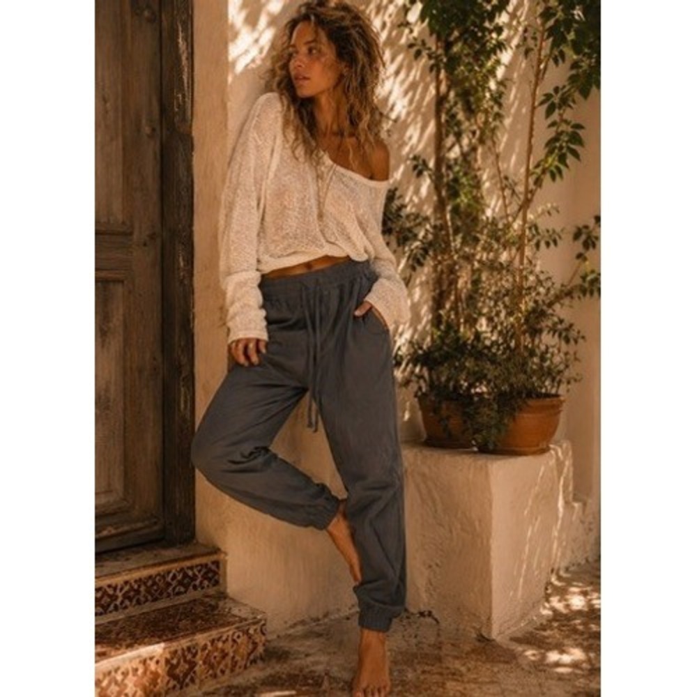 NSF Clothing Sayde Cotton Joggers Gray Elastic Waist Pants Small Made in USA